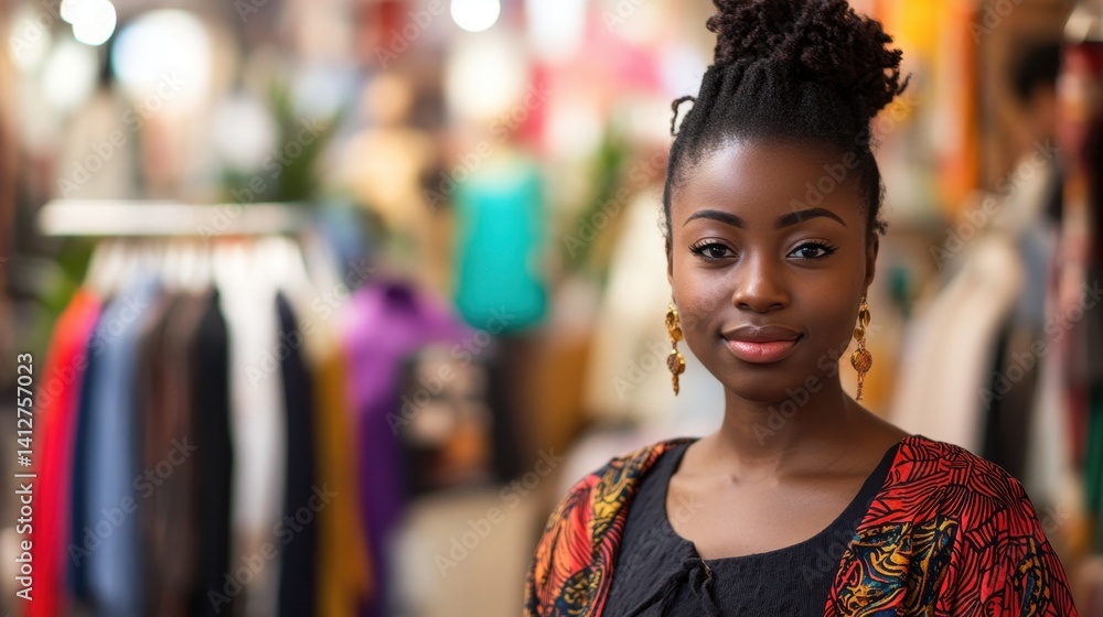 A young African woman stands confidently in a vibrant fashion setting, showcasing her unique style and charm. The colorful background highlights her beauty and individuality. A young African woman stands confidently in a vibrant fashion setting, showcasing her unique style and charm. The colorful background highlights her beauty and individuality.