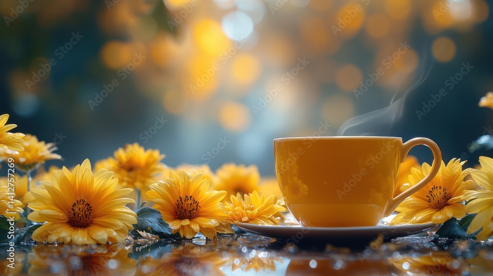 Yellow flowers tea cup warm light