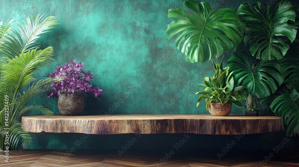 Wooden shelf teal wall plants