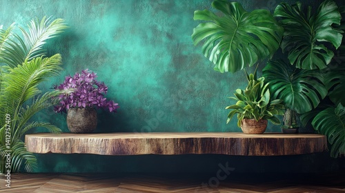 Obraz na płótnie Wooden shelf teal wall plants w salonie