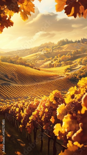 Golden Vineyard Landscape: A scenic view of rolling hills adorned with meticulously planted vineyards, illuminated by the warm glow of the autumn sun, promising the richness of harvest season.