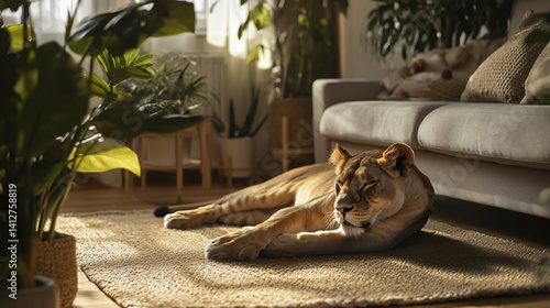 Lioness Lying on a Rug in a Cozy Living Room Surrounded by Plants and a Sofa in Morning Sunlight
