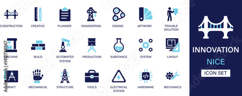 Innovation icon set collection. Construction, creative, planner, engineering, engine, artwork, solution, machine, build, substance and best solid icon set.