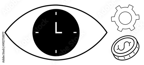 Eye featuring a clock as the pupil, gear symbolizing productivity, and coin representing monetary value. Ideal for time management, vision, productivity, efficiency, innovation, strategy simple