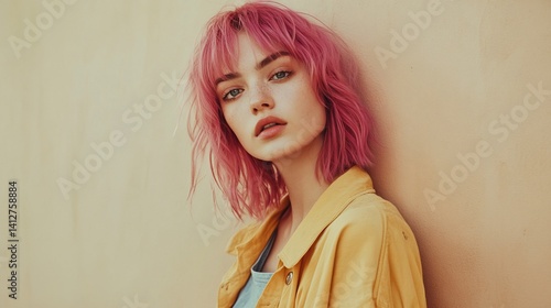 Portrait of a young woman with pink hair in a yellow jacket posing indoors