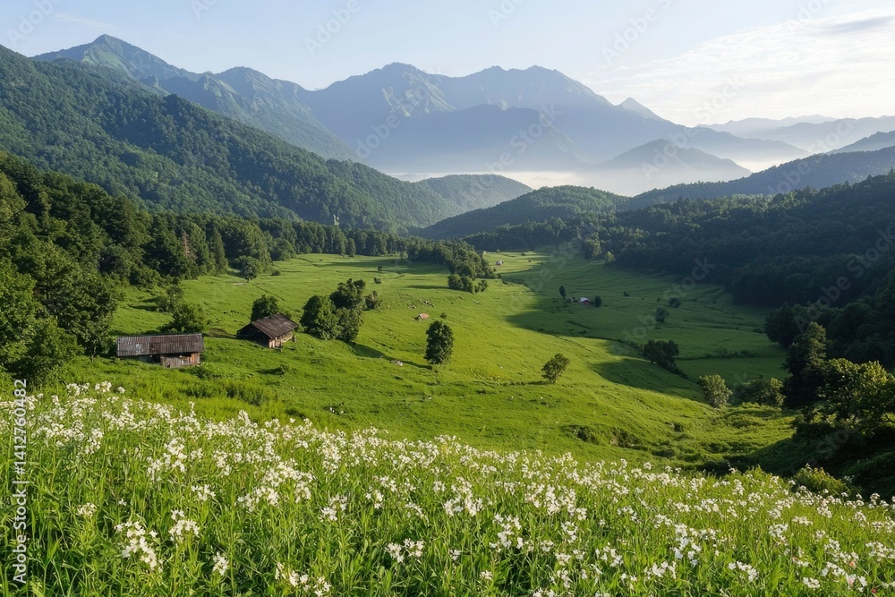 Obraz premium Lush valley with meadow and mountains