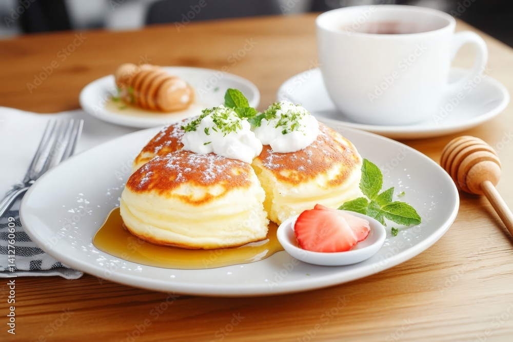 Fluffy pancakes topped with cream and herbs, pancakes served with strawberry and syrup, pancakes creating visual softness perfect for cozy brunch scenes. Fluffy pancakes topped with cream and herbs, pancakes served with strawberry and syrup, pancakes creating visual softness perfect for cozy brunch scenes.