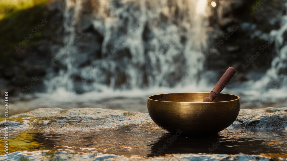 Close up Tibetan singing bowl in authentic light with copy space. Sound therapy and recreation at spa salon. Meditation singing as healthy lifestyle