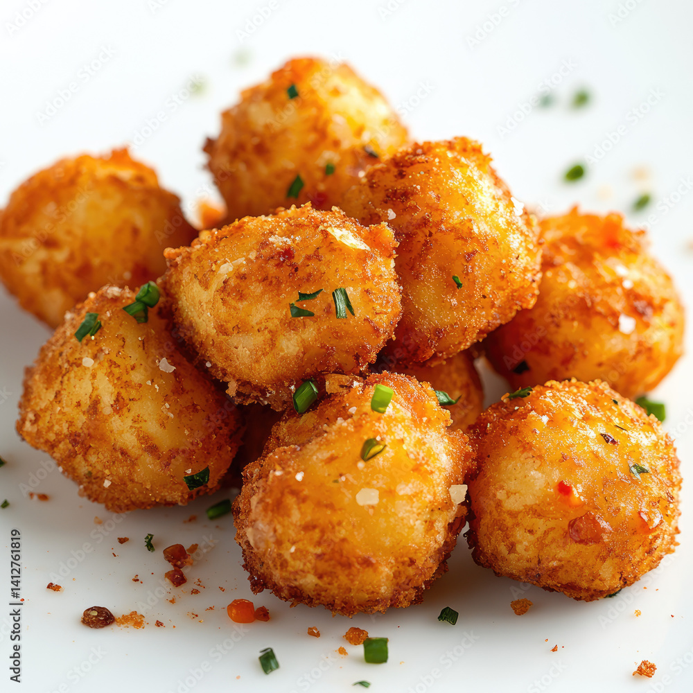 A close up view of a pile of golden brown fried balls garnished with herbs and spices A close up view of a pile of golden brown fried balls garnished with herbs and spices