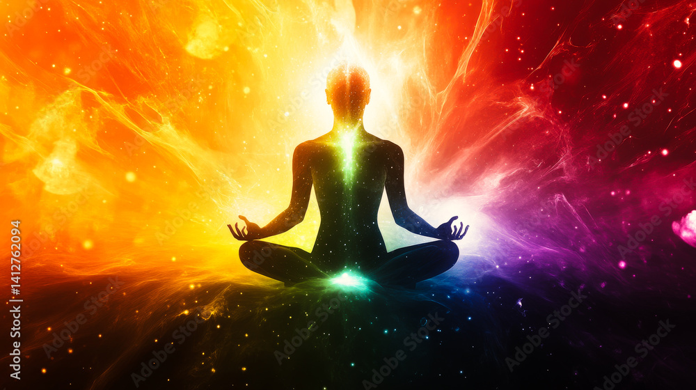 Silhouette of human practicing yoga meditation. Grounding technique to harvest the energy of the earth . Kundalini energy exercise . Human spirit with glowing seven all chakra. People healing concept Silhouette of human practicing yoga meditation. Grounding technique to harvest the energy of the earth . Kundalini energy exercise . Human spirit with glowing seven all chakra. People healing concept