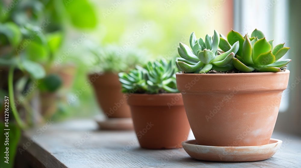 Indoor View of Succulent Plants in Terracotta Pots Bathed in Natural Light by a Window : Generative AI Indoor View of Succulent Plants in Terracotta Pots Bathed in Natural Light by a Window : Generative AI