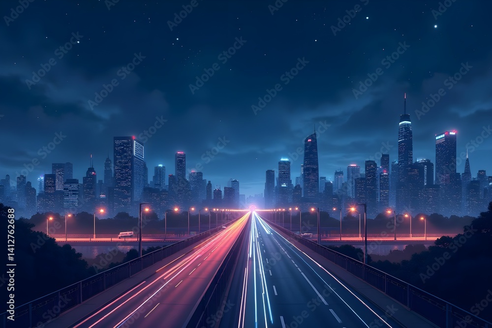 Fototapeta premium Midnight City with Glowing Bridges and Moving Traffic and Blank Space