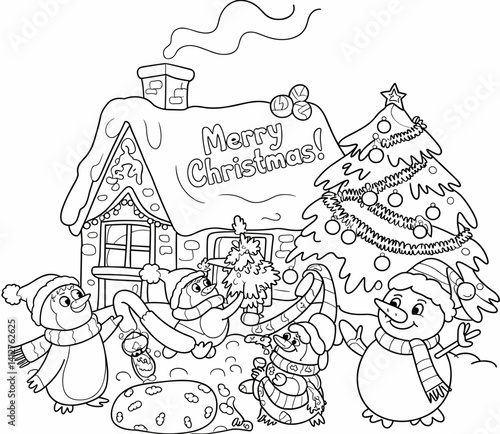 christmas, happy christmas, christmas coloring book, cute animal christmas coloring page, kids coloring, coloring page, coloring, cartoon, illustration, coloring book, vector, animal, drawing, sketch,
