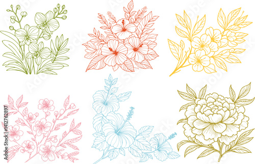 Simple Elegant Colorful line art flowers set, Set of flowers vector, Design Elements For Cards, Invitations, Banners, Posters, Logo and Print. Hand drawing sketch Minimal floral line art