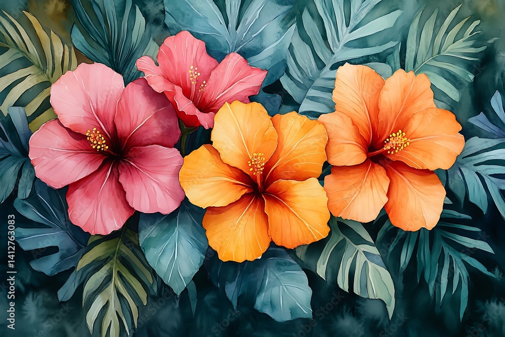 custom made wallpaper toronto digitalTropical Watercolor Hibiscus Flowers And Leaves Artistic Illustration Background