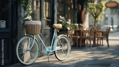 Charming vintage bicycle parked in front of a quaint cafe, evoking a sense of nostalgia and urban tranquility on a sunny afternoon