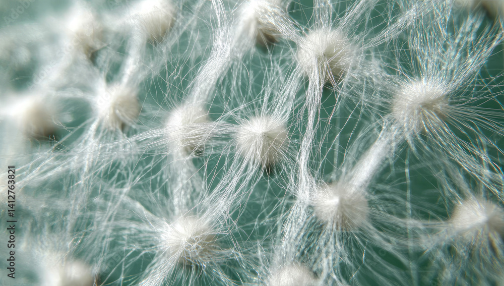 Close-up of delicate, white, fluffy seed pods interconnected by fine threads on a teal surface Close-up of delicate, white, fluffy seed pods interconnected by fine threads on a teal surface