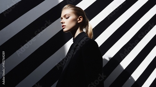 Striking portrait of a blonde woman in black against geometric stripes