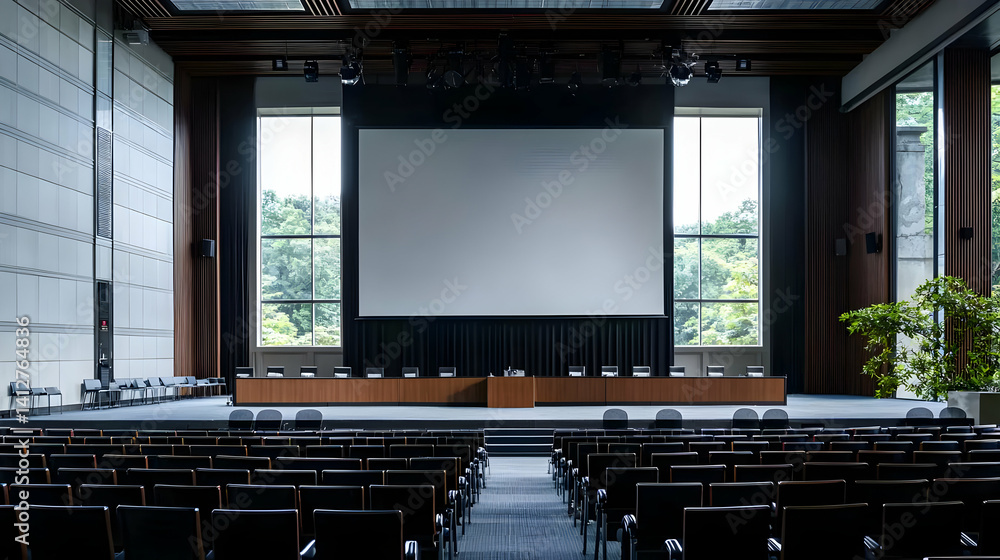 Empty Conference Hall With Large Screen And Windows