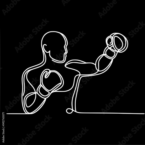Single Line Drawing of a Boxer Throwing a Punch on Black Background  