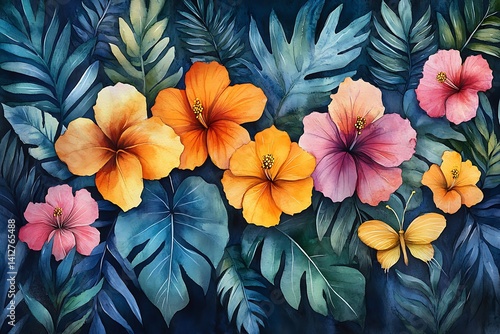 Wallpaper Mural Tropical Watercolor Hibiscus Flowers And Leaves Artistic Illustration Background Torontodigital.ca