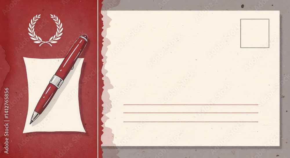 Stylish postcard template with a red pen and blank space for sports journalist day concept