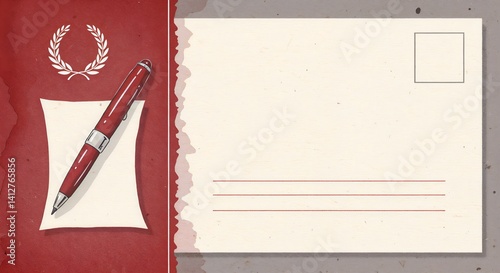 Obraz na płótnie Stylish postcard template with a red pen and blank space for sports journalist day concept w salonie
