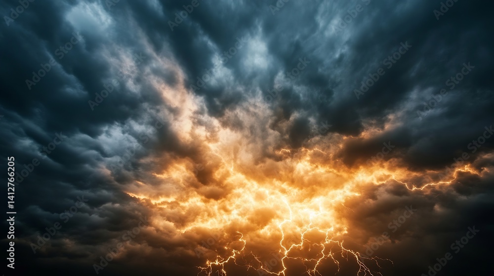Dramatic Sky with Lightning and Fiery Clouds Representing Intense Storm and Power : Generative AI Dramatic Sky with Lightning and Fiery Clouds Representing Intense Storm and Power : Generative AI