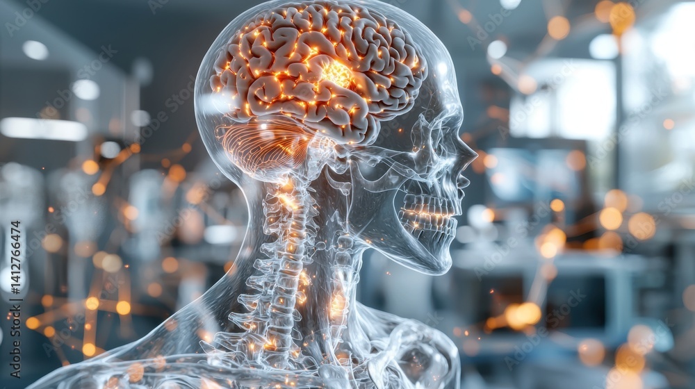 Obraz premium A brain is shown in a glass case with a light shining on it