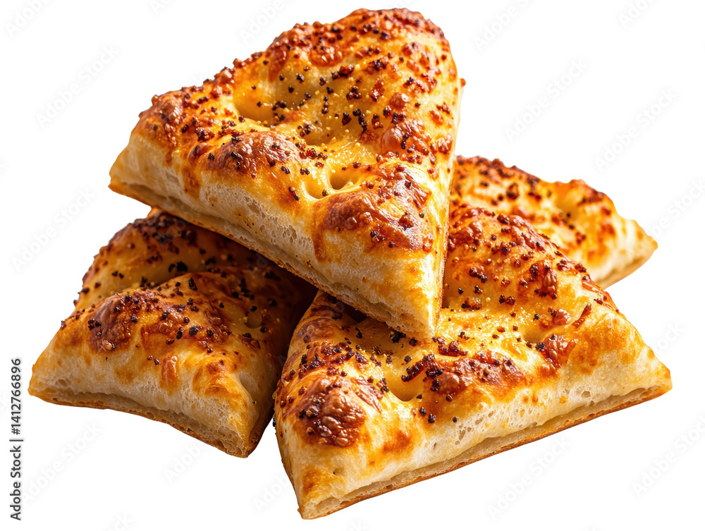 Golden brown cheesy triangle pastries stacked on a black background for delicious culinary inspiration Golden brown cheesy triangle pastries stacked on a black background for delicious culinary inspiration