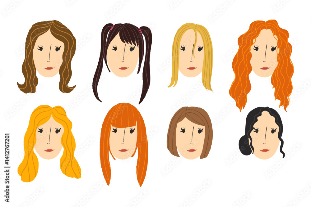 Girl human animated face, head with different styles of hairstyle isolated from background, vector illustration Girl human animated face, head with different styles of hairstyle isolated from background, vector illustration