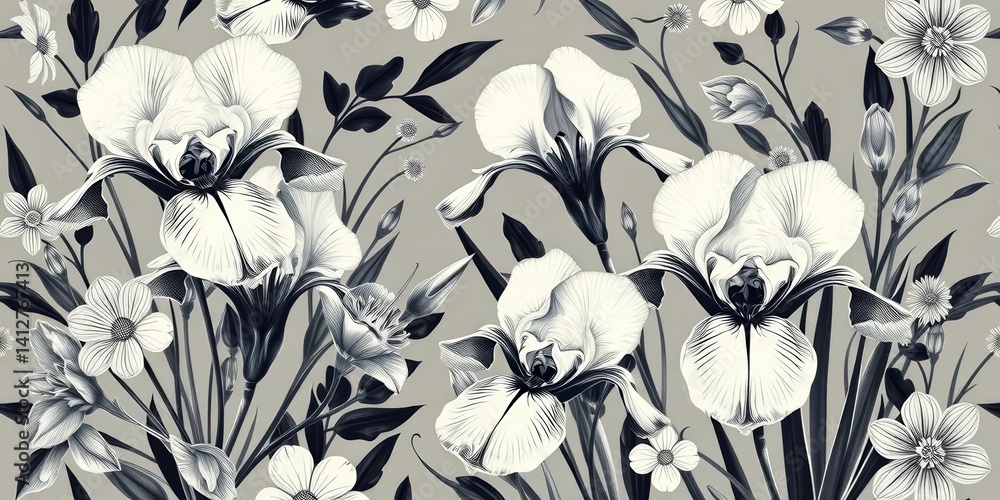 Obraz premium Monochrome irises, Art Nouveau & Art Deco floral seamless pattern Elegant Victorian botanical background, floral pattern, style