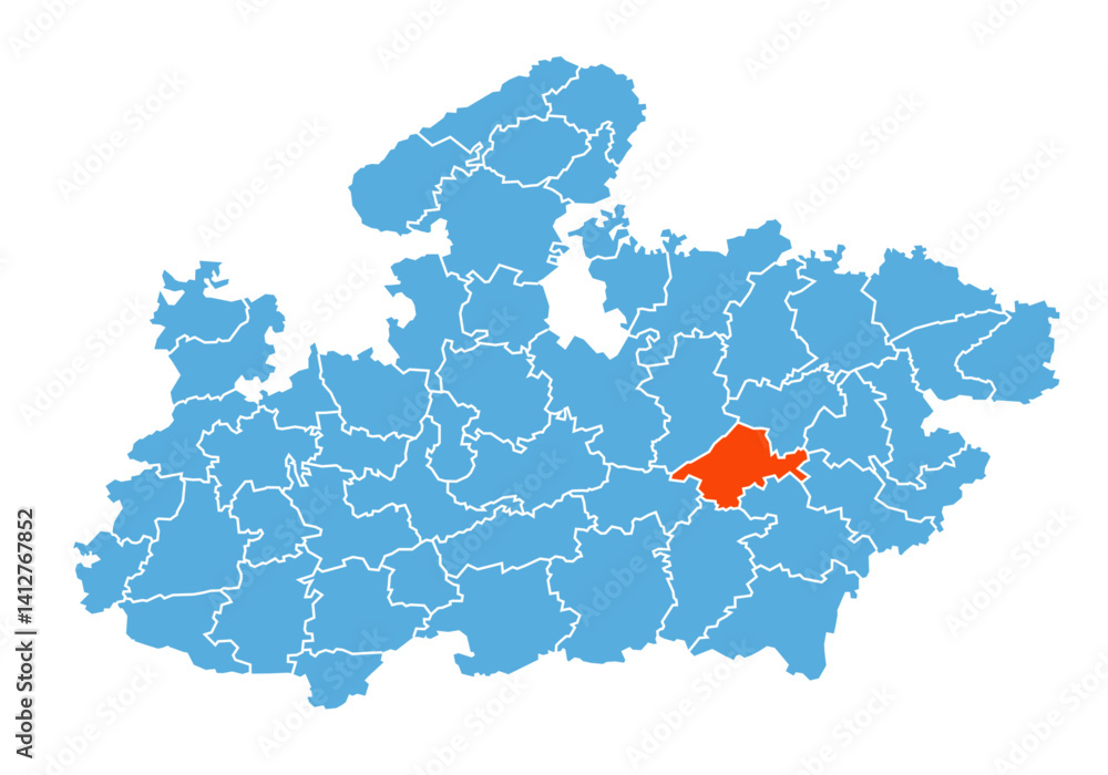 Obraz premium Jabalpur District map highlighted in Madhya Pradesh state map