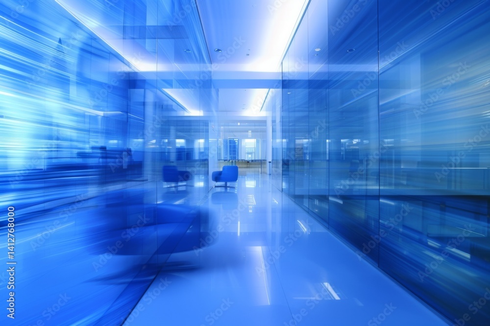 Fototapeta premium Contemporary blue office interior with abstract blur background