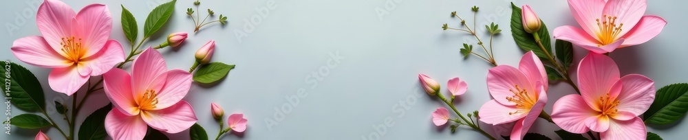 Fototapeta premium Natural beauty products with floral arrangement on grey background, organic, eco-friendly, makeup