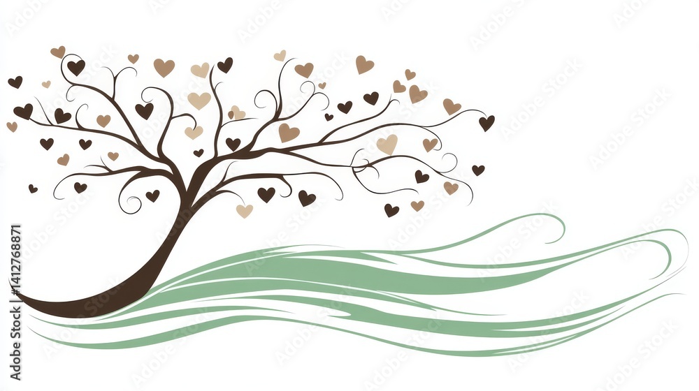 Tree depicted in a stylized manner with leaves shaped like hearts in shades of green and gold Tree depicted in a stylized manner with leaves shaped like hearts in shades of green and gold