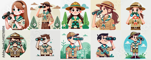 vector set of kids scouts with binoculars