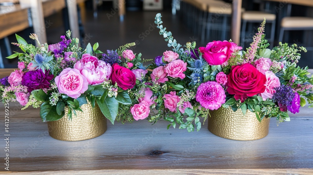 Vibrant floral arrangements in gold containers Vibrant floral arrangements in gold containers