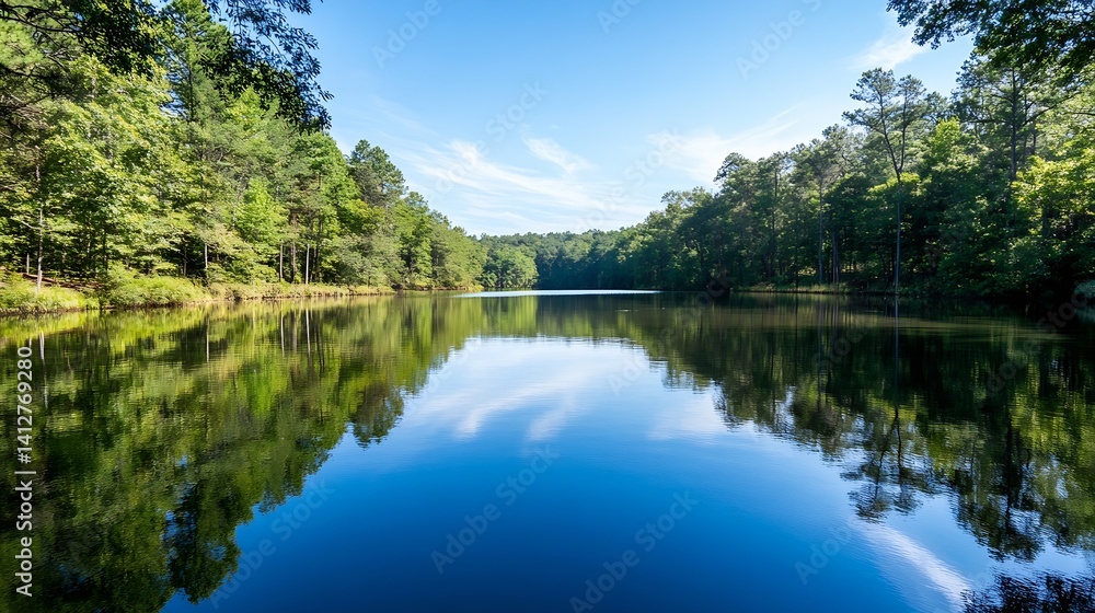 Serene Landscape Featuring Calm Lake Surrounded by Green Forest and Clear Sky : Generative AI Serene Landscape Featuring Calm Lake Surrounded by Green Forest and Clear Sky : Generative AI