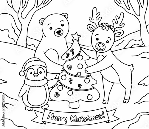 christmas, happy christmas, christmas coloring book, cute animal christmas coloring page, kids coloring, coloring page, coloring, cartoon, illustration, coloring book, vector, animal, drawing, sketch,