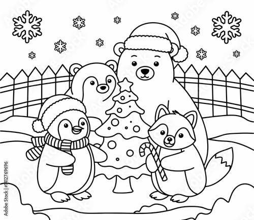 christmas, happy christmas, christmas coloring book, cute animal christmas coloring page, kids coloring, coloring page, coloring, cartoon, illustration, coloring book, vector, animal, drawing, sketch,