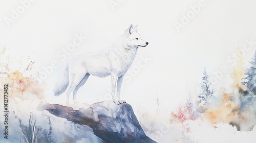 Watercolor Painting of a Majestic White Wolf on a Rocky Outcrop Landscape