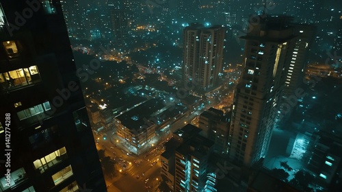 Captivating city nightscape showcasing illuminated architecture and urban vibrancy offering a unique perspective