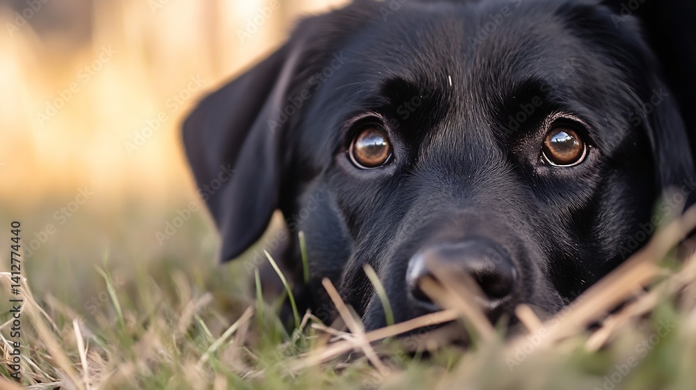 Close Up View of Black Labrador Dog with Deep Brown Eyes Relaxing in Grassland : Generative AI Close Up View of Black Labrador Dog with Deep Brown Eyes Relaxing in Grassland : Generative AI