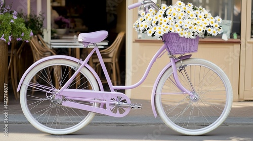 Charming lavender bicycle with daisies, a floral whimsy for a sweet ride