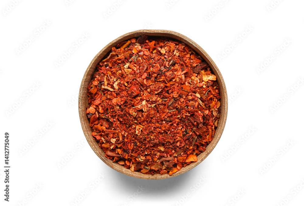 Wooden bowl with chili flakes isolated on white background Wooden bowl with chili flakes isolated on white background