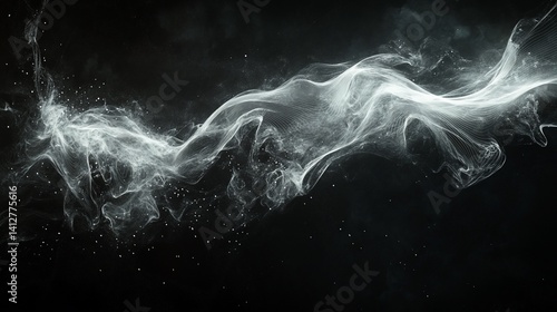 Abstract White Smoke or cloud with particles isolated over black background, graphic resource, creative shapes and movement