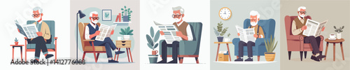 vector set of grandfather reading newspaper on chair