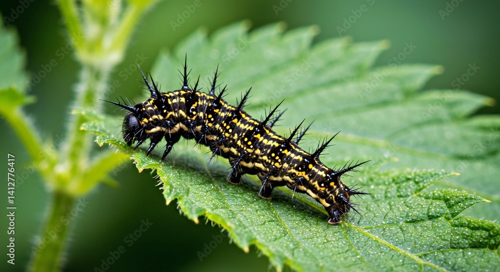 Small Tortoiseshell Caterpillar Feeding Nettle JPG - Aglais Urticae Larva Insect Macro Life Cycle Photo Small Tortoiseshell Caterpillar Feeding Nettle JPG - Aglais Urticae Larva Insect Macro Life Cycle Photo