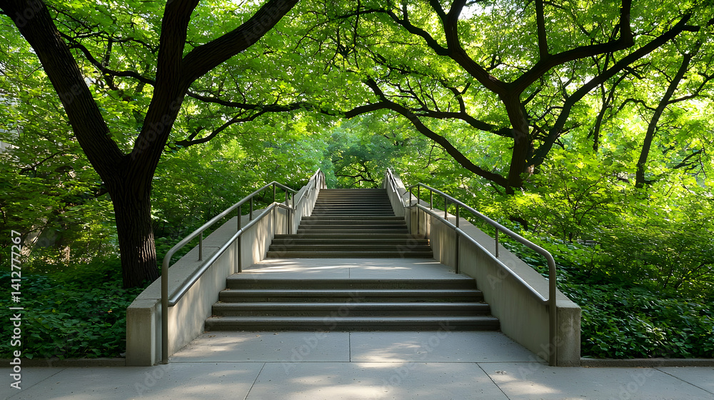 Outdoor Concrete Steps Under Lush Green Trees Outdoor Concrete Steps Under Lush Green Trees